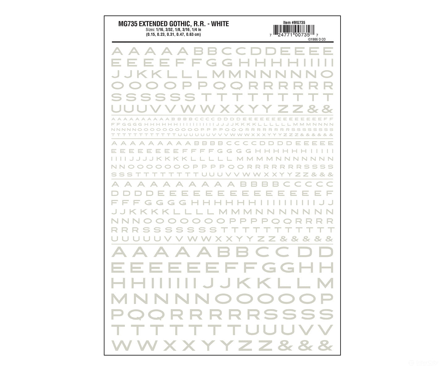 Woodland Scenics 735 Dry Transfer Alphabet & Numbers - Extended Railroad Gothic -- White Decals