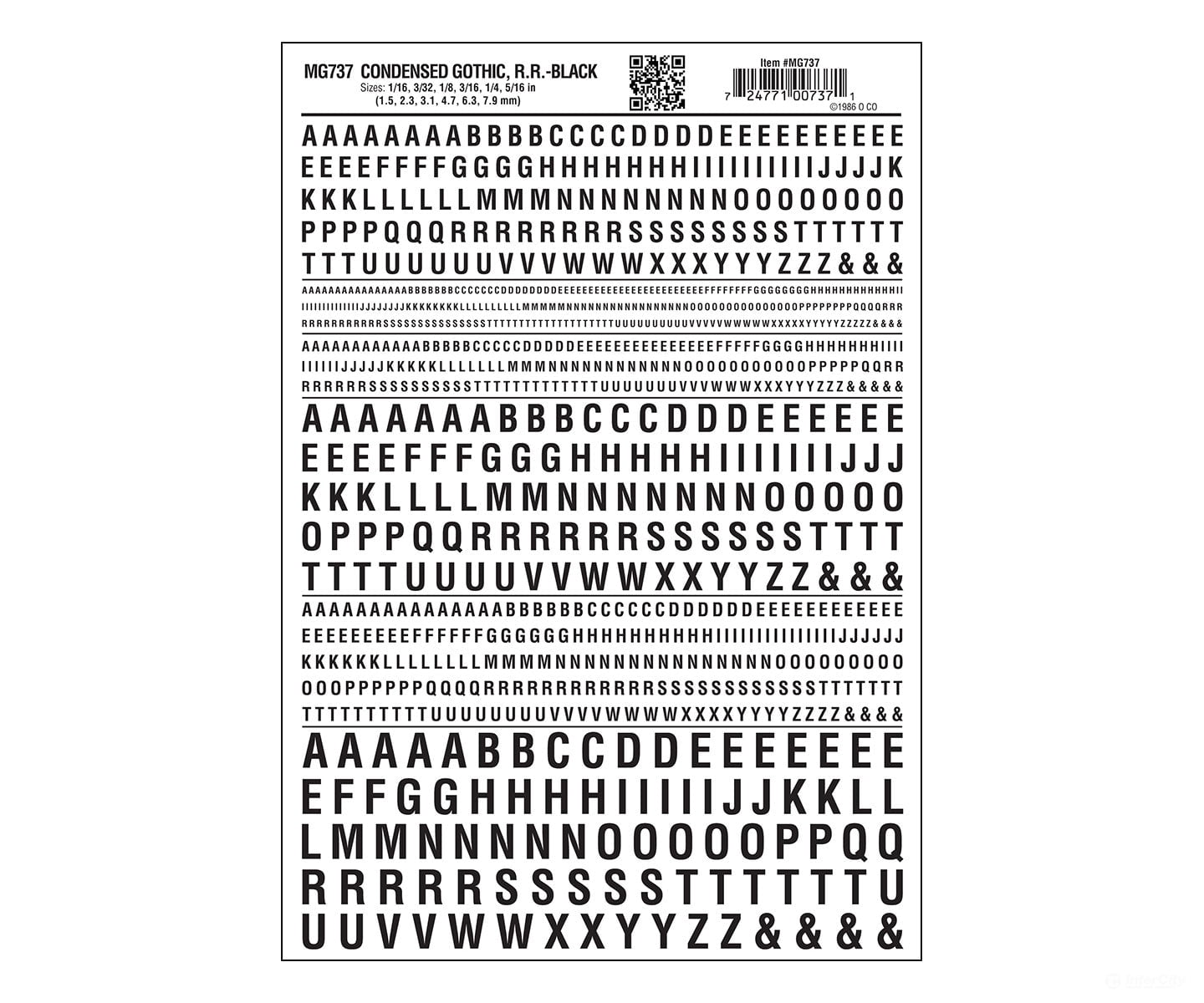 Woodland Scenics 737 Dry Transfer Alphabet & Numbers - Condensed Railroad Gothic -- Black Decals