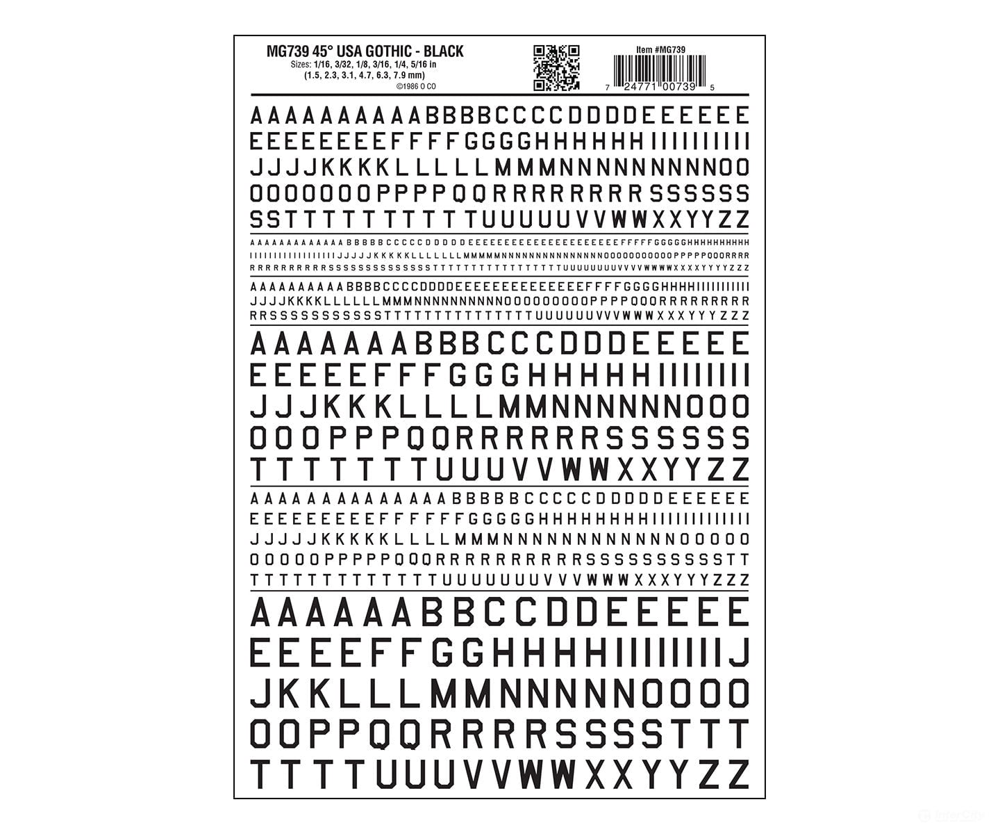 Woodland Scenics 739 Dry Transfer Alphabet & Numbers - 45-Degree Usa Gothic (Military Style) --