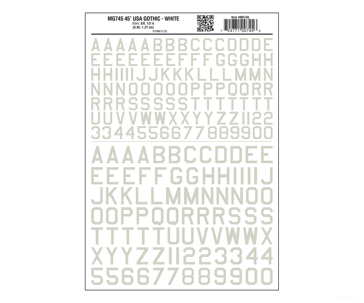 Woodland Scenics 745 Dry Transfer Alphabet & Numbers - 45 Degree Usa Gothic (Military; 3/8 1/2’)