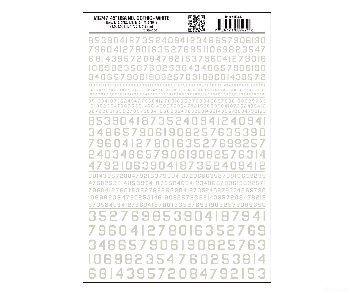 Woodland Scenics 747 Dry Transfer Numbers Only - 45 Degree Usa Gothic (Military Style) - - White