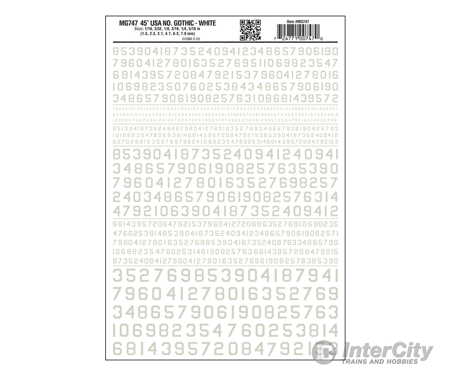 Woodland Scenics 747 Dry Transfer Numbers Only - 45 Degree Usa Gothic (Military Style) - - White