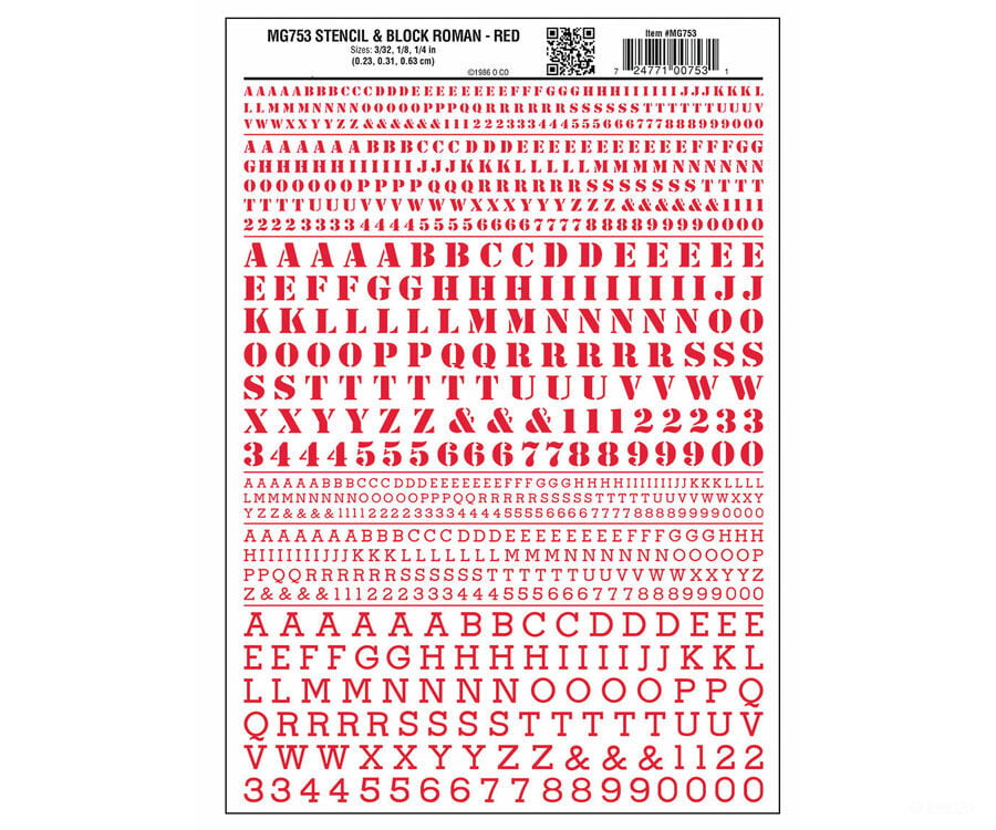 Woodland Scenics 753 Dry Transfer Alphabet & Numbers - Stencil/Block Roman -- Red Decals