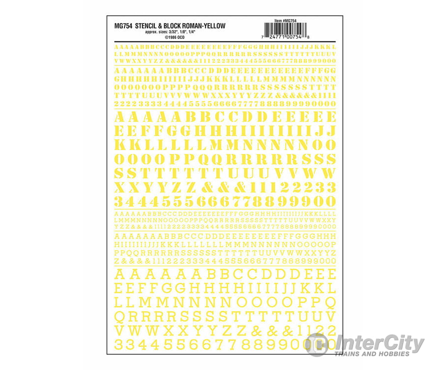 Woodland Scenics 754 Dry Transfer Alphabet & Numbers - Stencil/Block Roman -- Yellow Decals