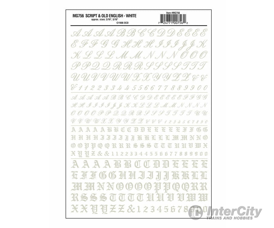 Woodland Scenics 756 Dry Transfer Alphabet & Numbers - Script/Old English - - White Decals