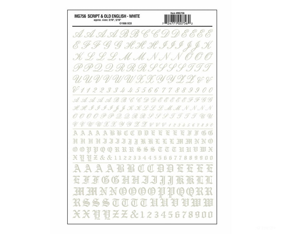 Woodland Scenics 756 Dry Transfer Alphabet & Numbers - Script/Old English - - White Decals