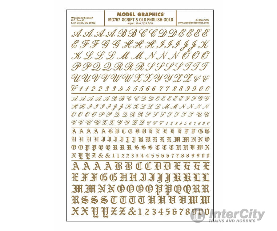 Woodland Scenics 757 Dry Transfer Alphabet & Numbers - Script/Old English - - Gold Decals