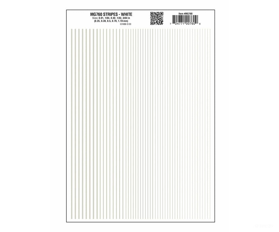 Woodland Scenics 760 Dry Transfer Stripes -.010 1/64.022 1/32 & 3/64’ Wide -- White Decals