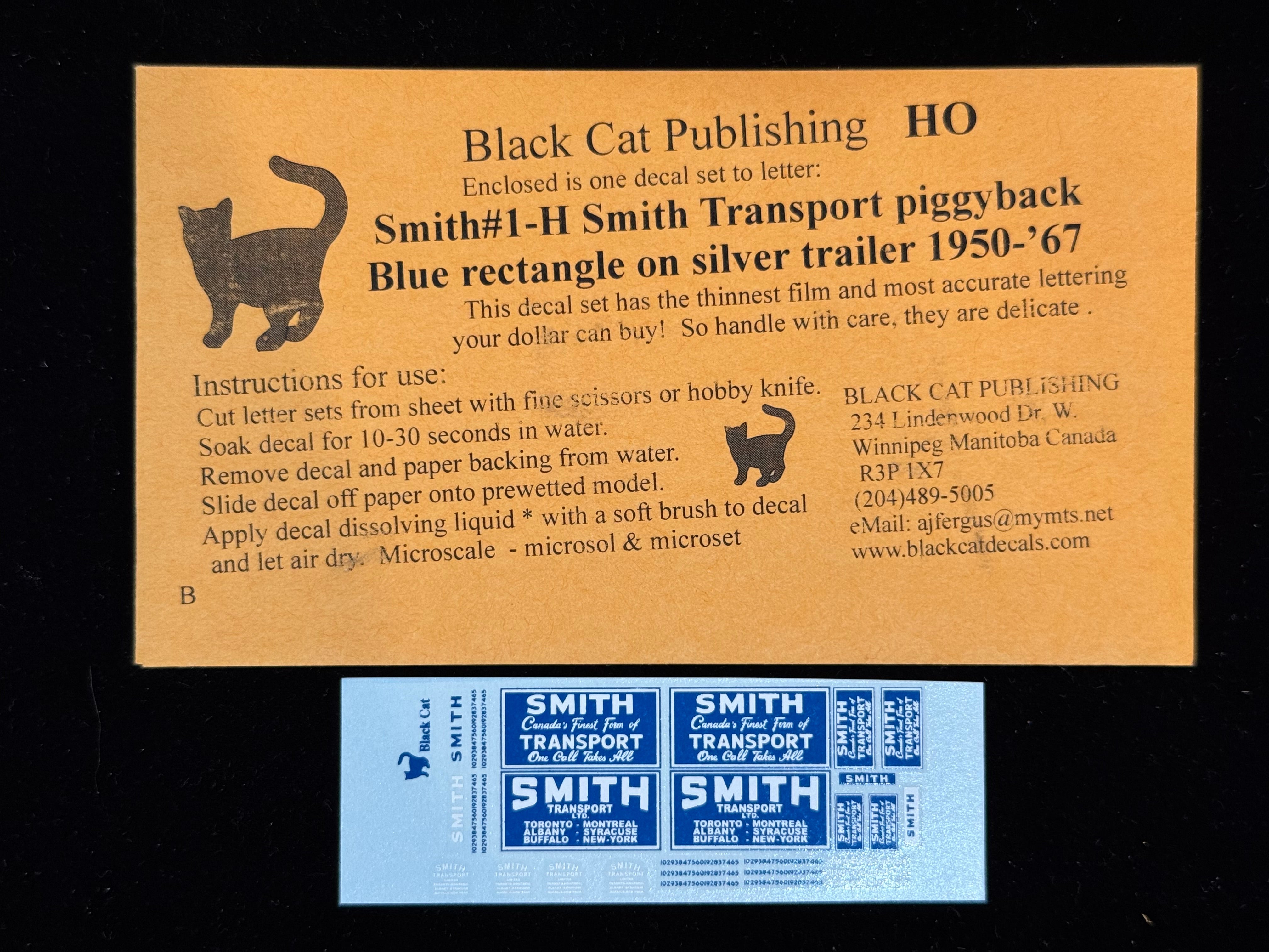 Black Cat Decals Smith1-H HO Smith Transport Piggyback Blue Rectangle on Silver Trailer 1950-67