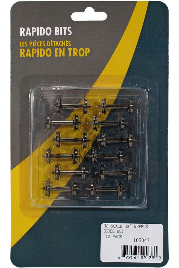 Rapido HO 102047 RP25 Metal Wheelsets, Code 88 Tread, Insulated One Side, 1.015" Axle Length - 33" Diameter pkg(12)