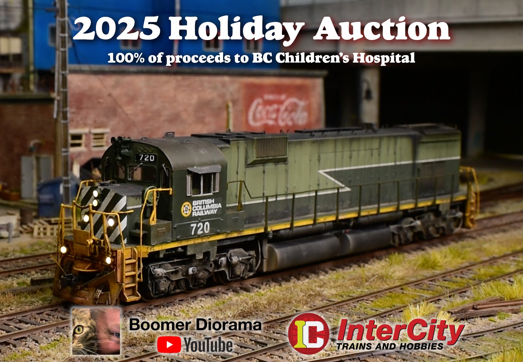2025 Holiday Charity Auction:  HO Bowser Customized BC Rail C-630 Locomotive and 2 Atlas Cars Painted & Weathered by Boomer Diorama