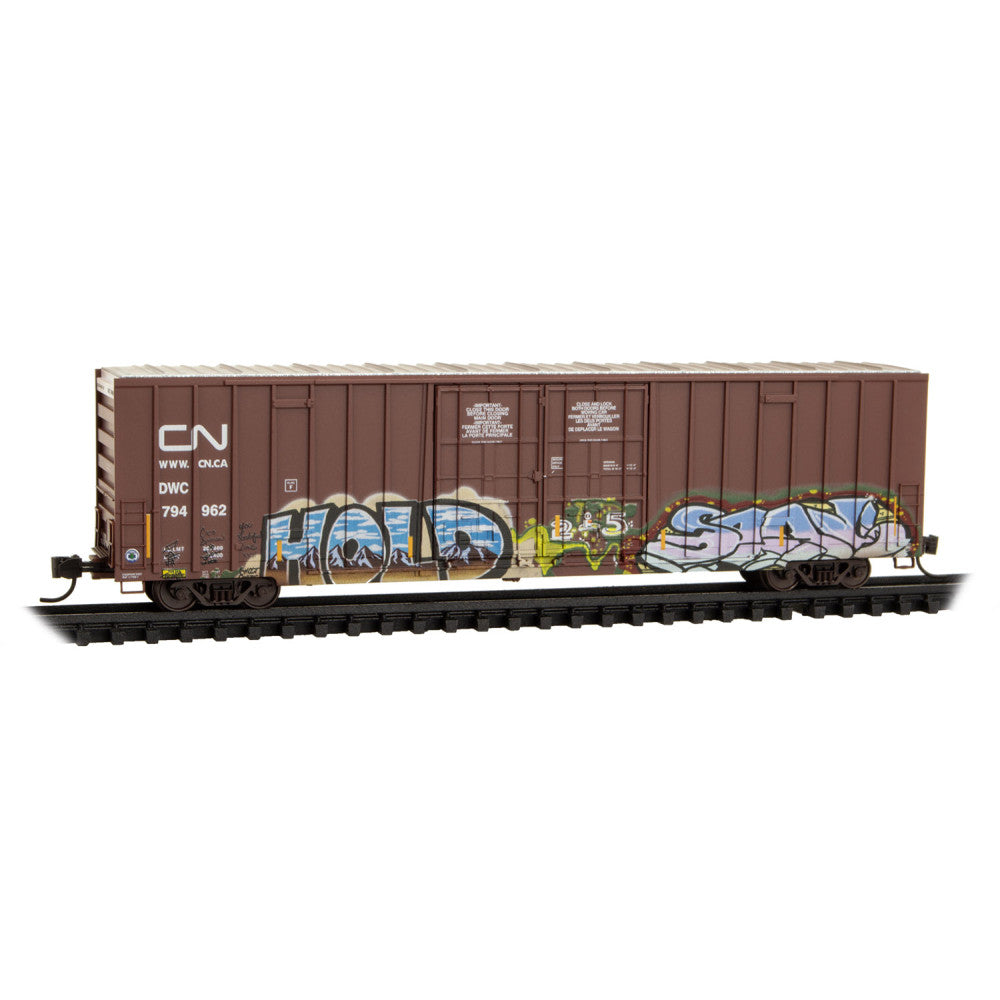 Micro Trains N 12344160 60' Rib-Side, Double-Plug-Door High-Cube Boxcar - Canadian National DWC #794962 Weathered, Boxcar Red, Noodle Logo, graffiti)