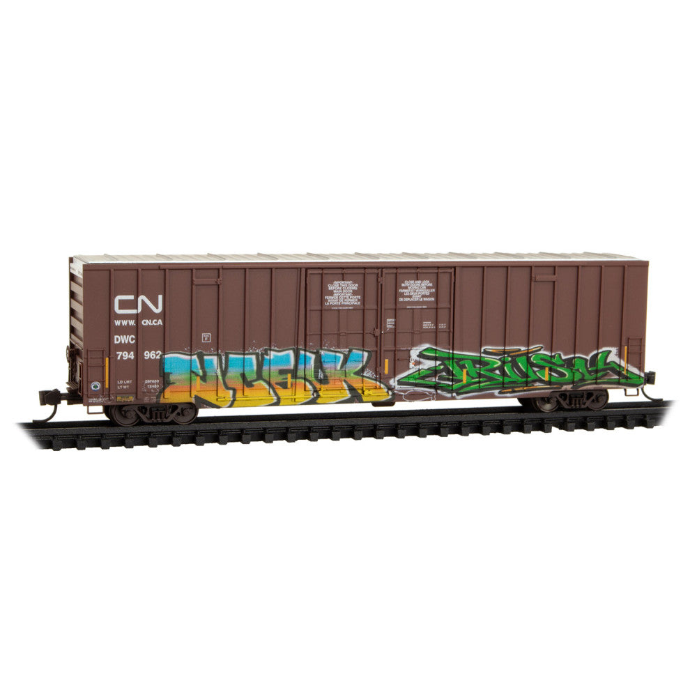 Micro Trains N 12344160 60' Rib-Side, Double-Plug-Door High-Cube Boxcar - Canadian National DWC #794962 Weathered, Boxcar Red, Noodle Logo, graffiti)