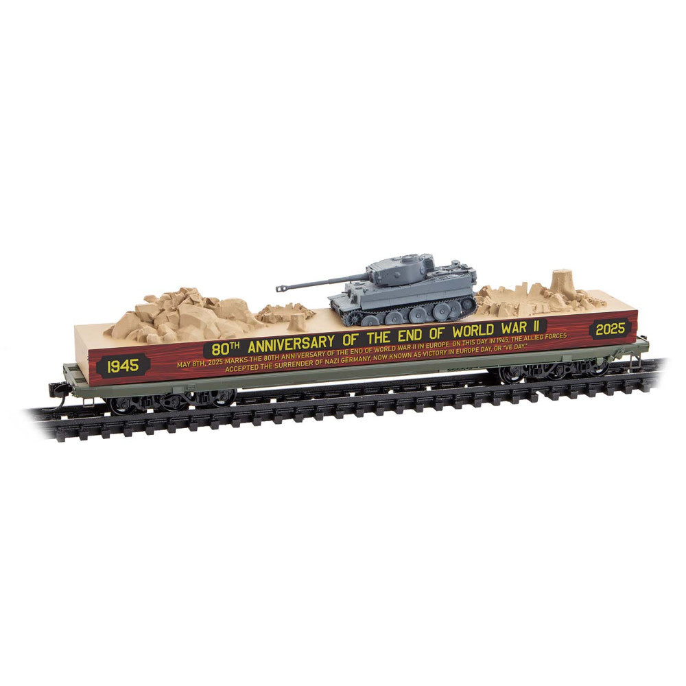 Micro Trains N 13700074 6-Axle 68' Flatcar w/End of WWII Memorial Tank Load - VE Day (brown, black, gray)