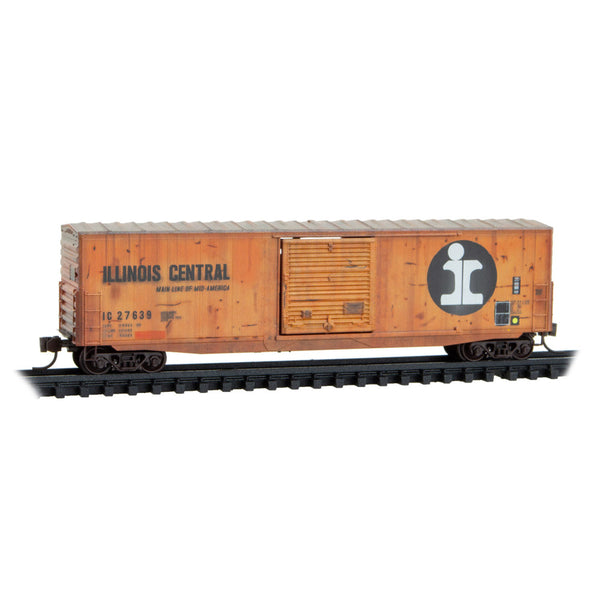Micro Trains N 18044530 50' Boxcar with 10' Door, No Roofwalk, Short Ladders & Plank Door - Ready t - Illinois Central #27639 (Weathered, orange, black, white)