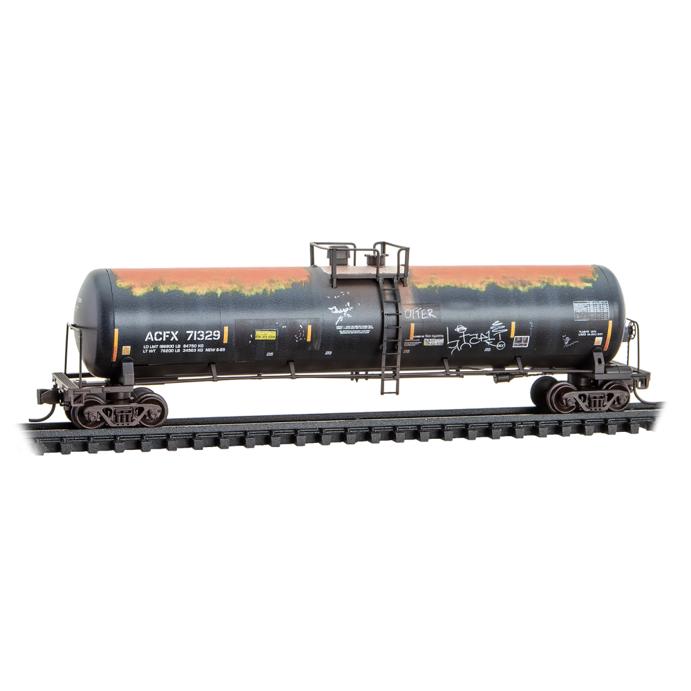 Micro Trains N 98305101 56' General-Service Tank Car 3-Pack - ACFX #71329, 72393, 72410 (Weathered, 2 blue & 1 black car, graffiti)