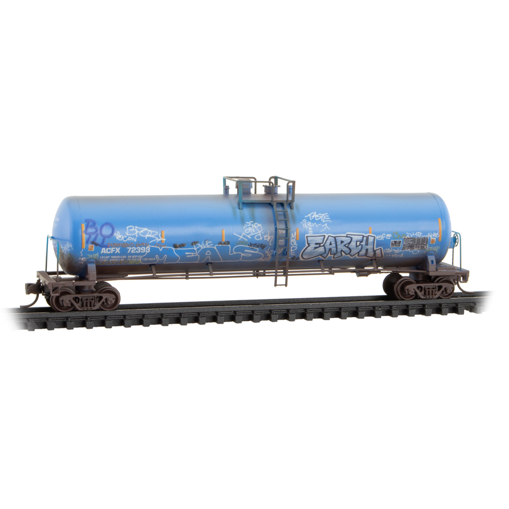 Micro Trains N 98305101 56' General-Service Tank Car 3-Pack - ACFX #71329, 72393, 72410 (Weathered, 2 blue & 1 black car, graffiti)