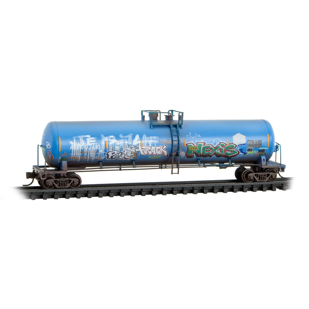 Micro Trains N 98305101 56' General-Service Tank Car 3-Pack - ACFX #71329, 72393, 72410 (Weathered, 2 blue & 1 black car, graffiti)