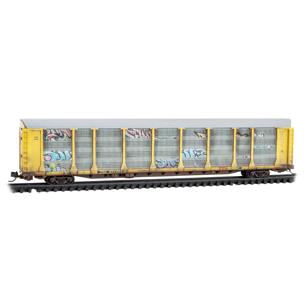 Micro Trains N 11144490 89' Tri-Level Enclosed Auto Rack - TTX TTGX #851005 (Weathered, silver, yellow, red logo, graffiti)