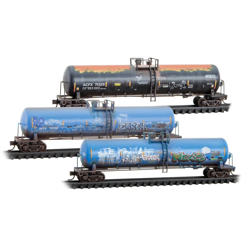 Micro Trains N 98305101 56' General-Service Tank Car 3-Pack - ACFX #71329, 72393, 72410 (Weathered, 2 blue & 1 black car, graffiti)
