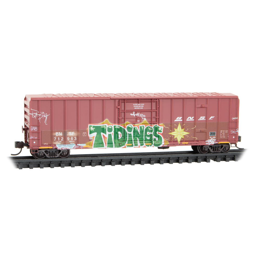Micro Trains N 98302289 50' Rib-Side Plug-Door Boxcar No Roofwalk 3-Pack - BNSF Christmas Graffiti