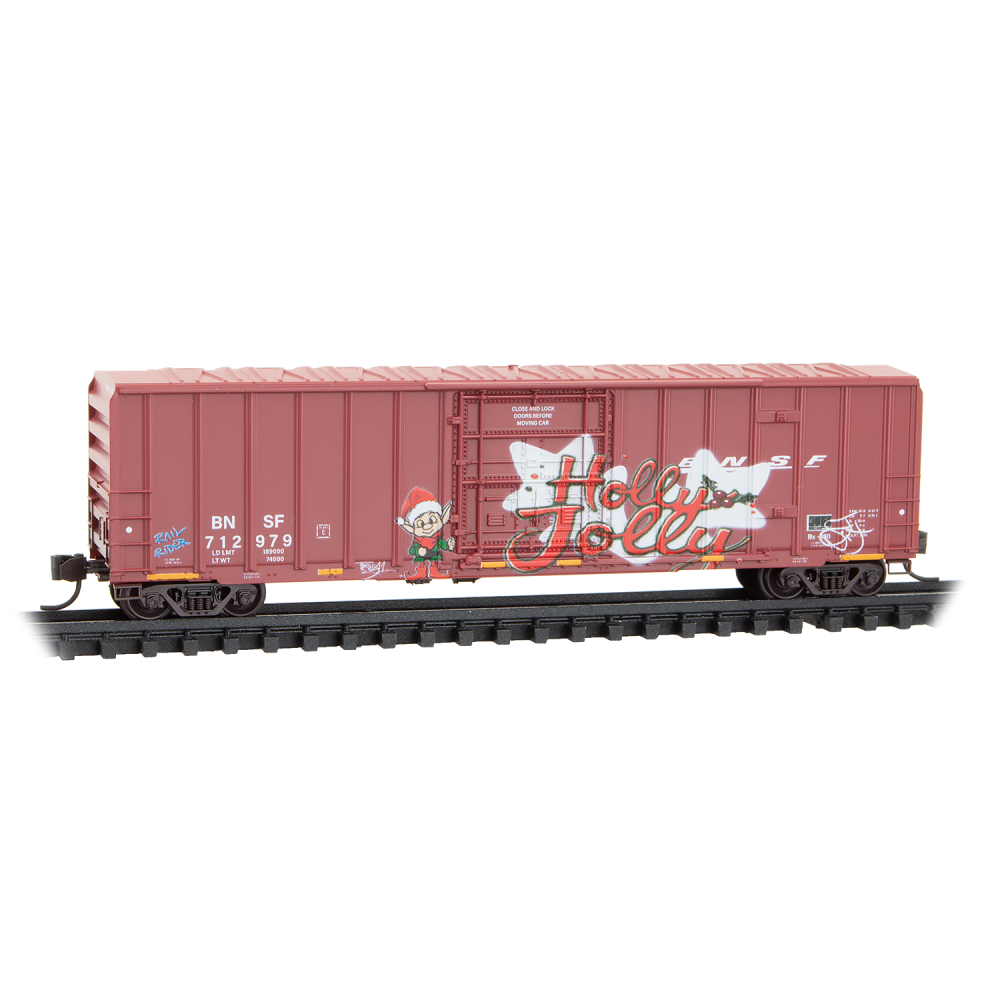 Micro Trains N 98302289 50' Rib-Side Plug-Door Boxcar No Roofwalk 3-Pack - BNSF Christmas Graffiti