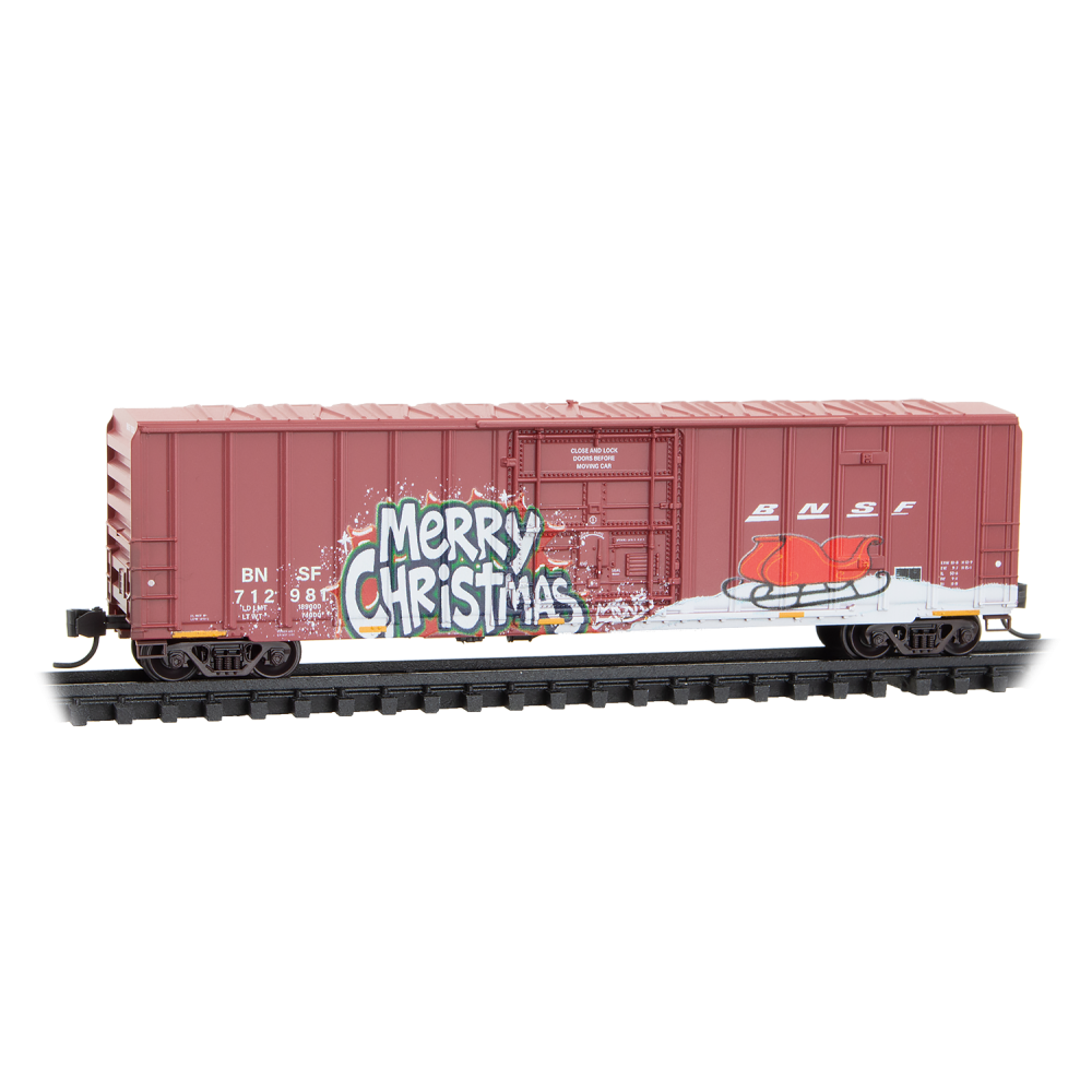 Micro Trains N 98302289 50' Rib-Side Plug-Door Boxcar No Roofwalk 3-Pack - BNSF Christmas Graffiti