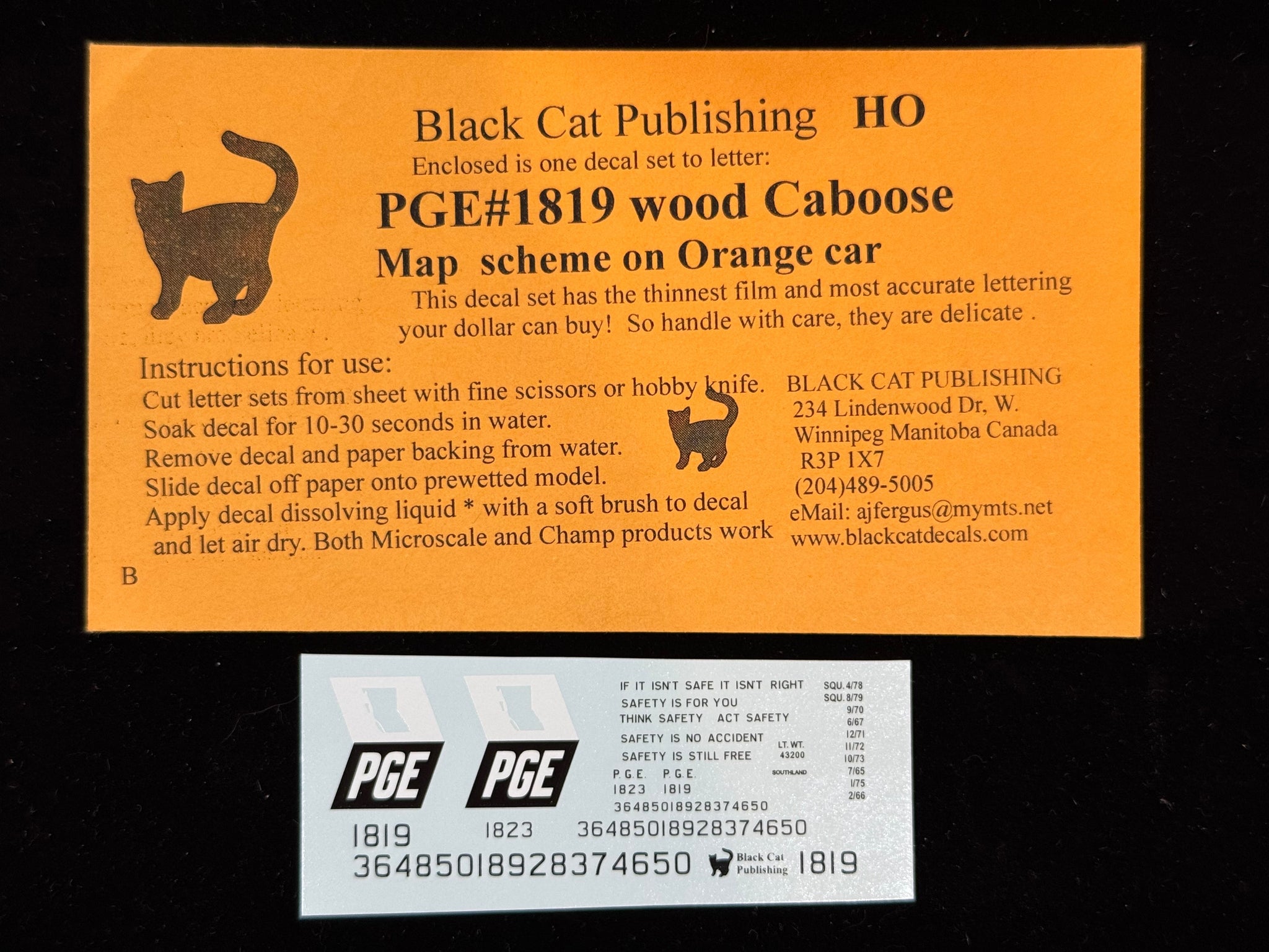 Black Cat Decals PGE1819-H HO PGE Wood Caboose Map Scheme on Orange Car