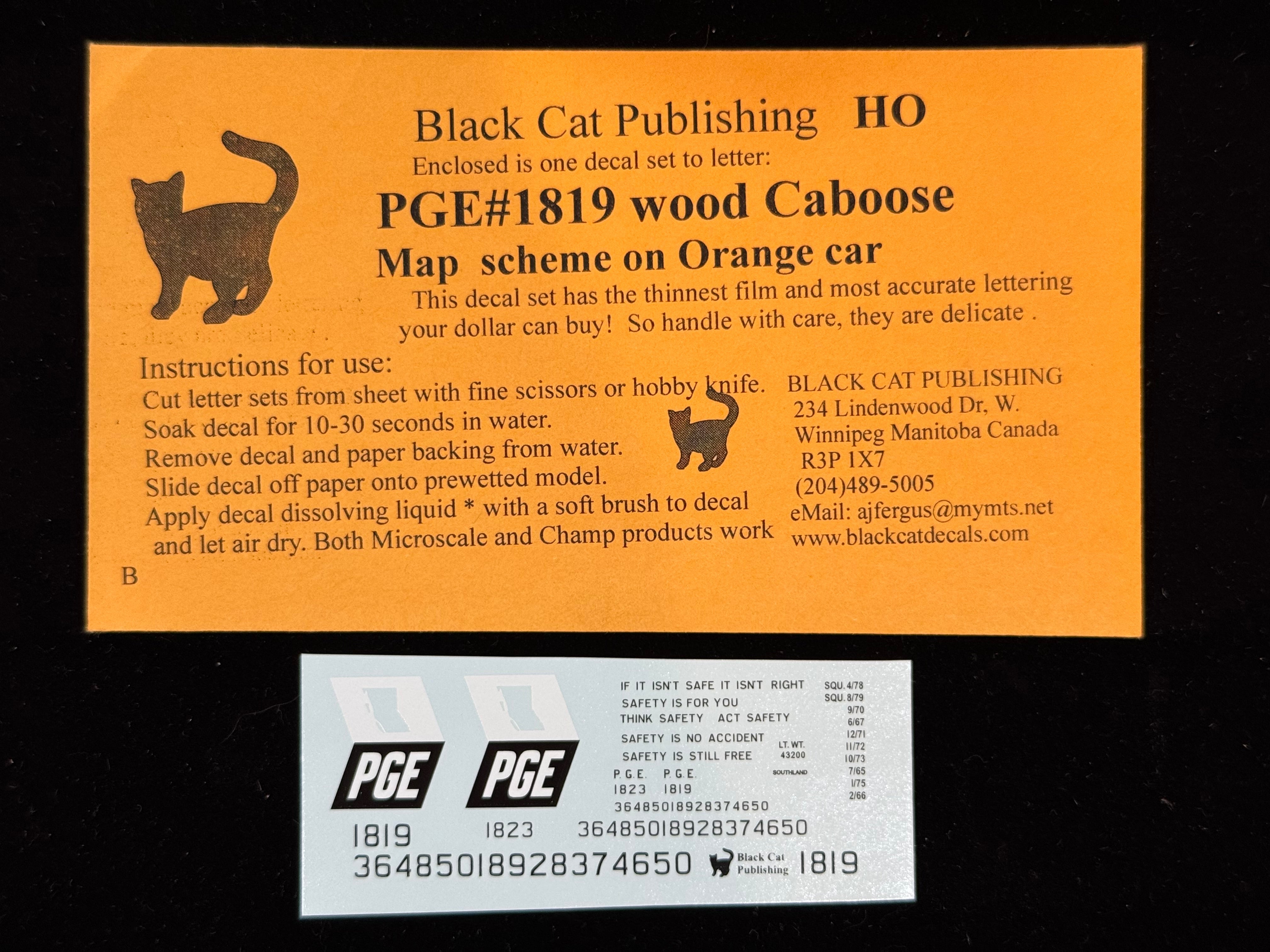 Black Cat Decals PGE1819-H HO PGE Wood Caboose Map Scheme on Orange Car