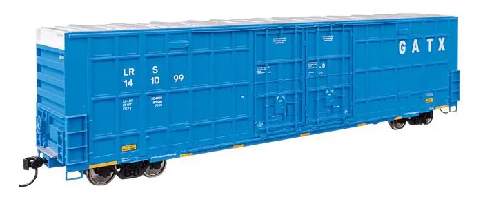 Walthers HO 910-3106 60' High Cube Plate F Horizontal Post Boxcar - Ready to Run - GATX Leasing LRS #141020 (blue, white)