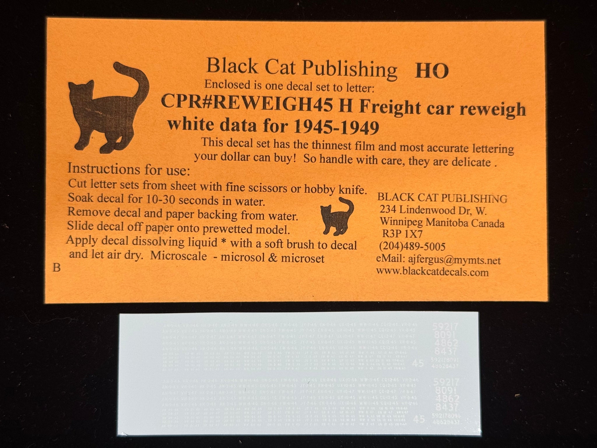 Black Cat Decals CPRREWEIGH45-H HO Freight Car Reweigh White Data for 1945-1949