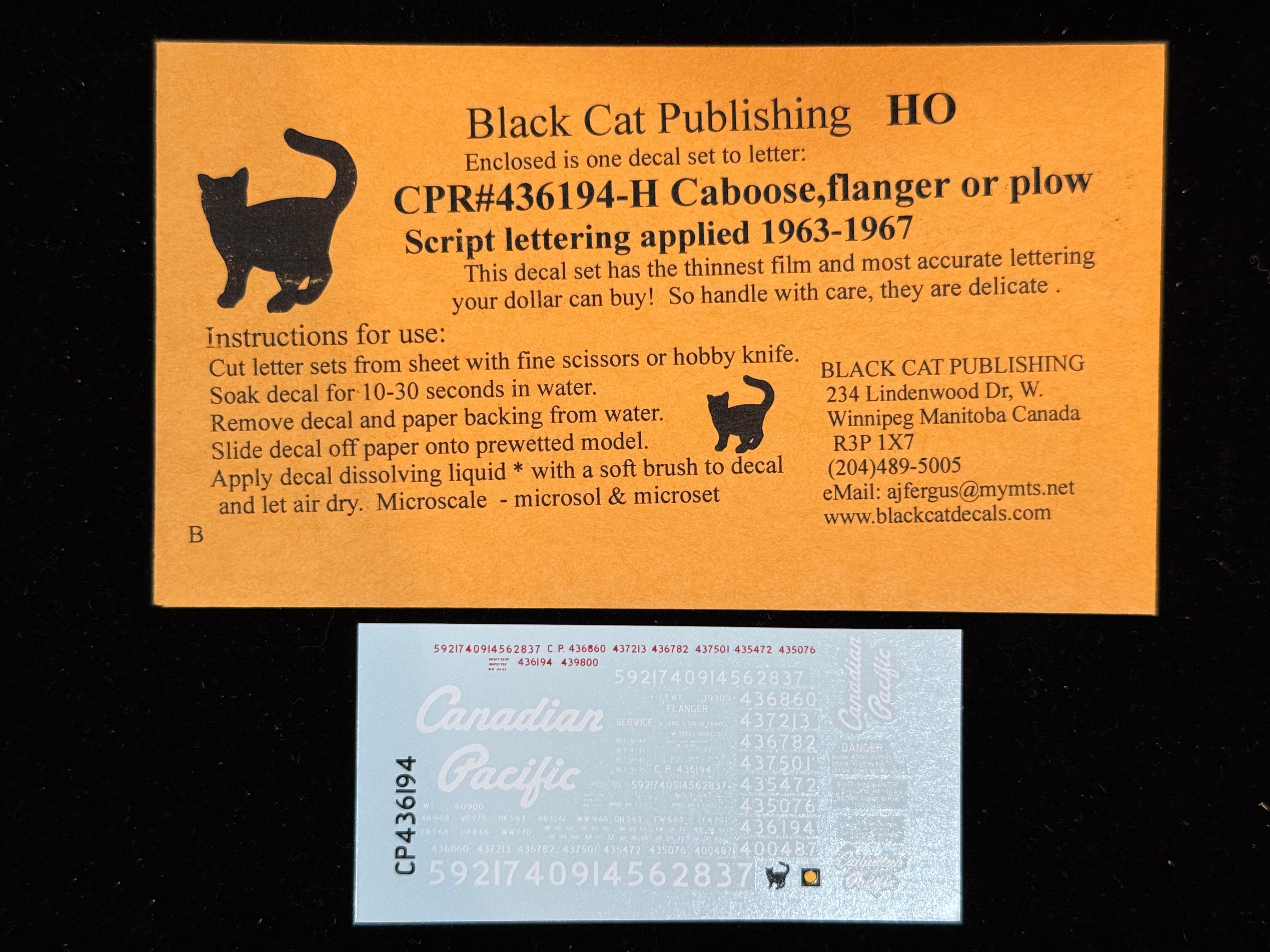 Black Cat Decals CPR436194-H HO Caboose, Flanger or Plow Script Lettering 1963-1967