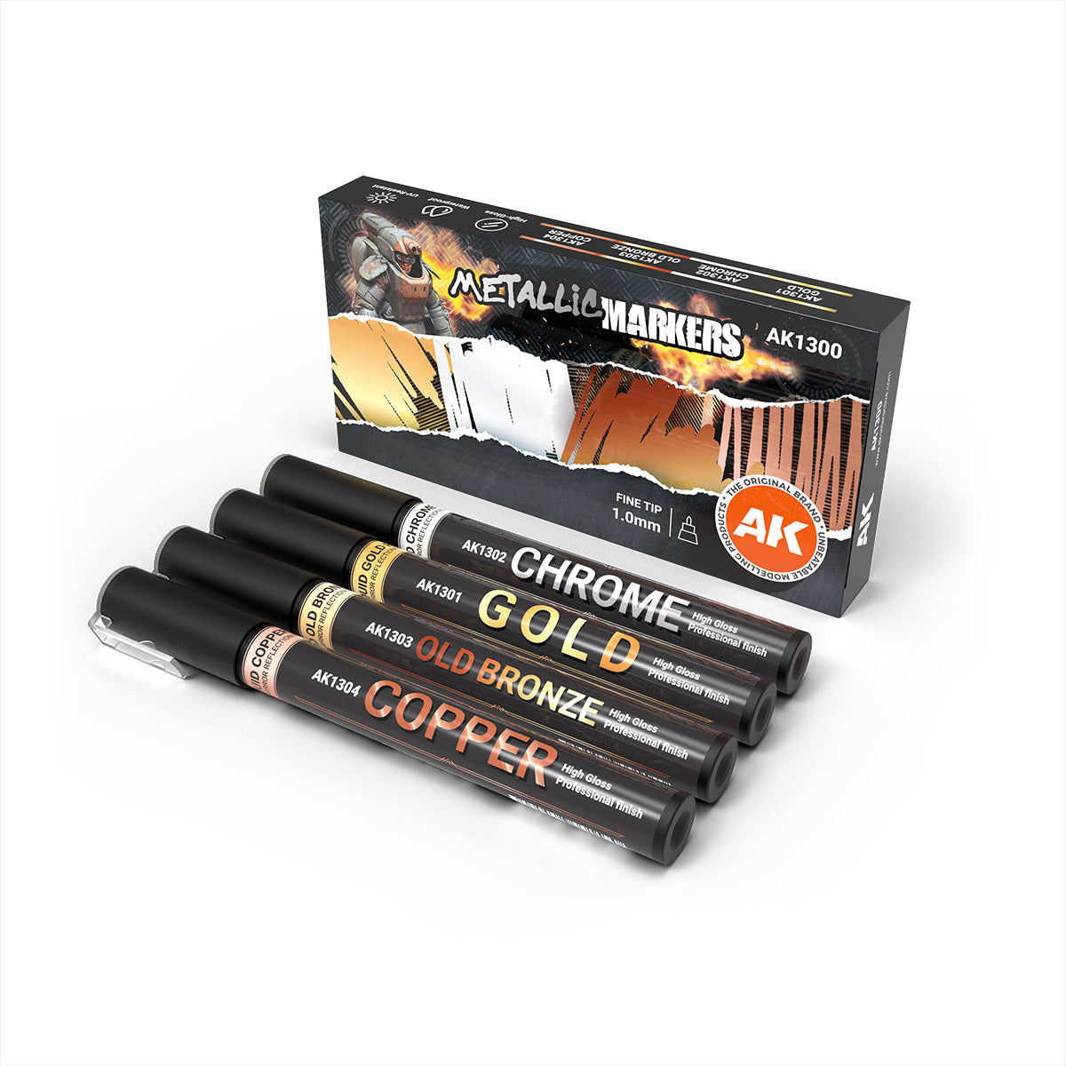 AK Interactive AK1300 Metallic Liquid Paint Markers 1mm tip (Gold, Chrome,Old Bronze, Copper)