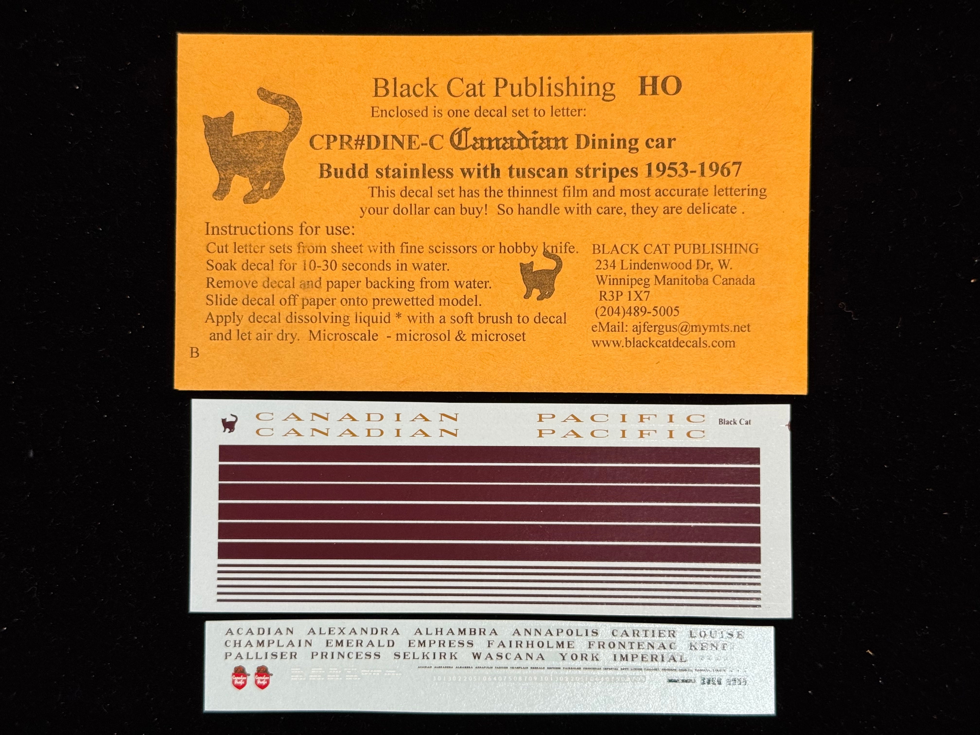 Black Cat Decals CPRDINE-C HO CANADIAN Dining Car Budd Stainless with Tuscan Stripes 1953-1967