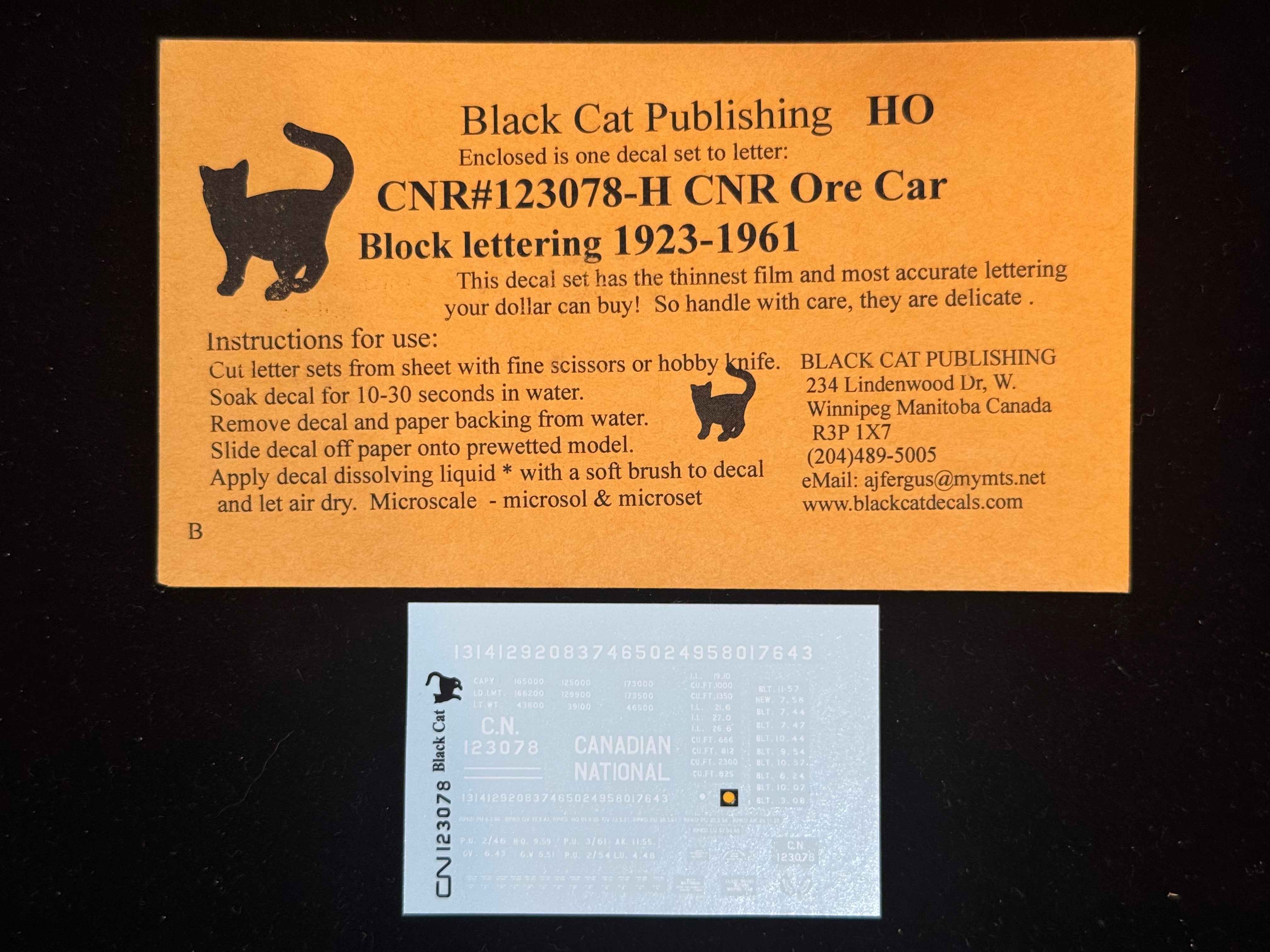 Black Cat Decals CNR123078-H HO CNR Ore Car Block Lettering 1923-1961