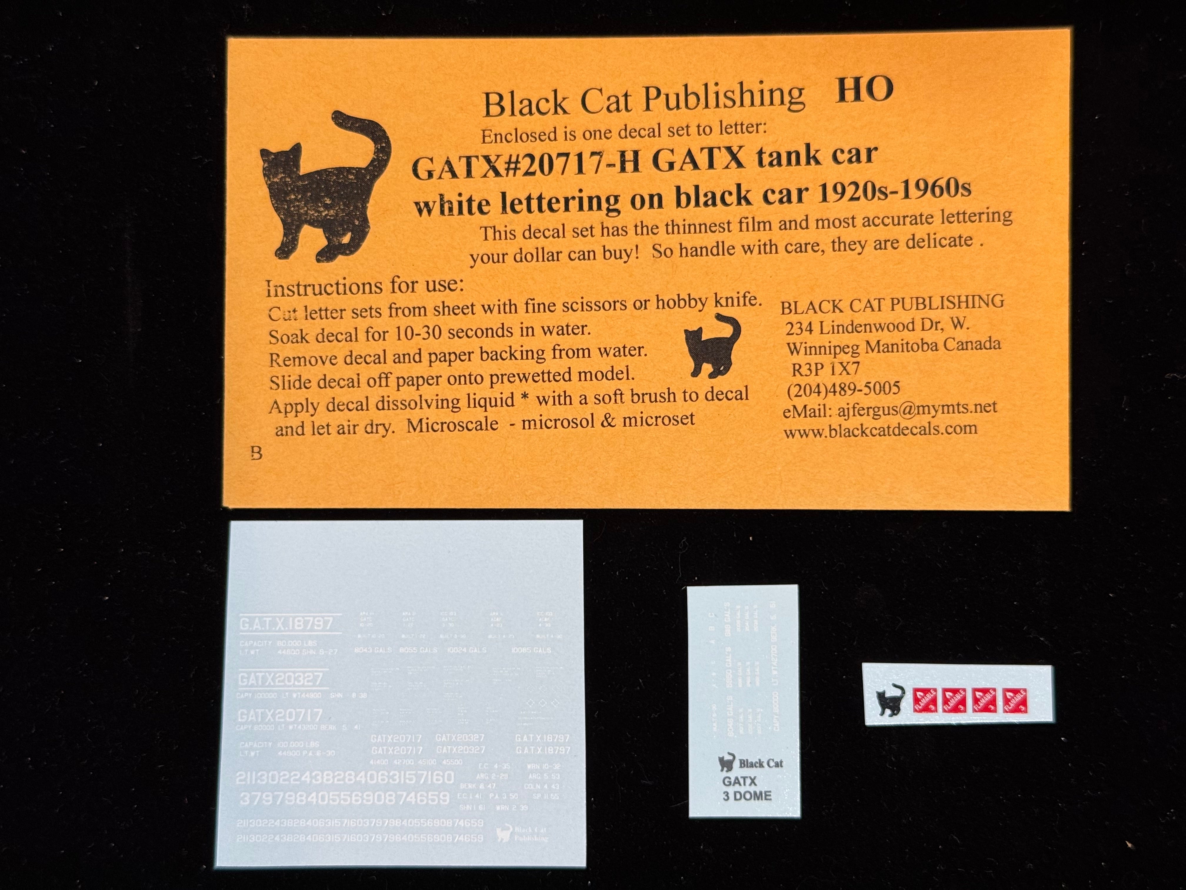 Black Cat Decals GATX20717-H HO GATX Tank Car White Lettering on Black Car 1920's-1960's