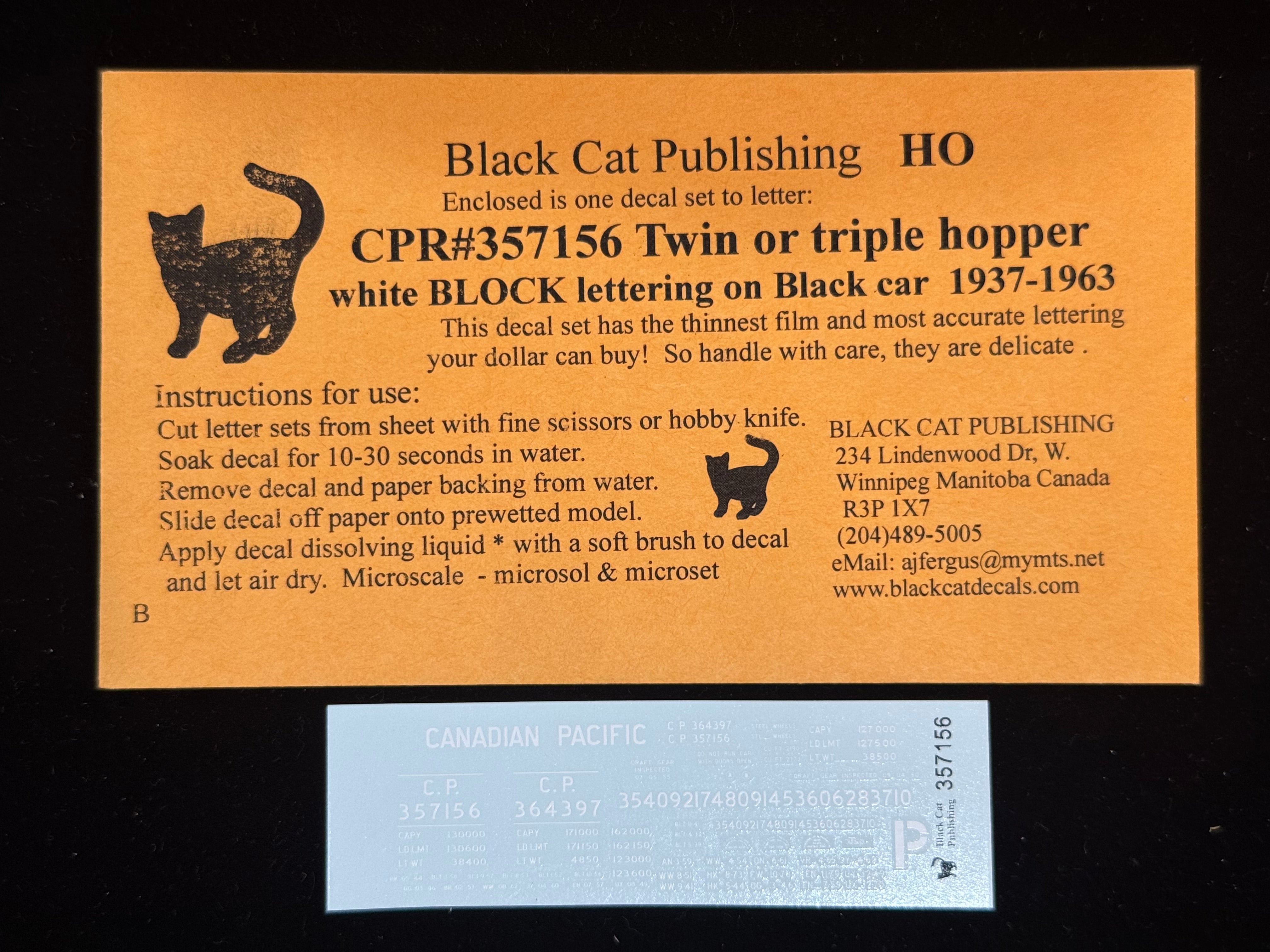 Black Cat Decals CPR357156 HO Twin or Triple Hopper White Block Lettering on Black Car 1937-1963