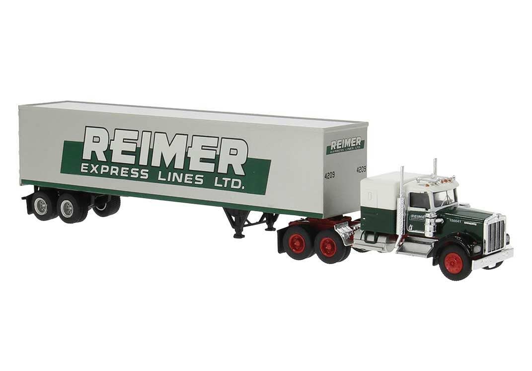 Brekina HO 86258 Kenworth W900 Semi Tractor w/Sleeper Cab and Van Trailer - Assembled - Reimer (white, green)
