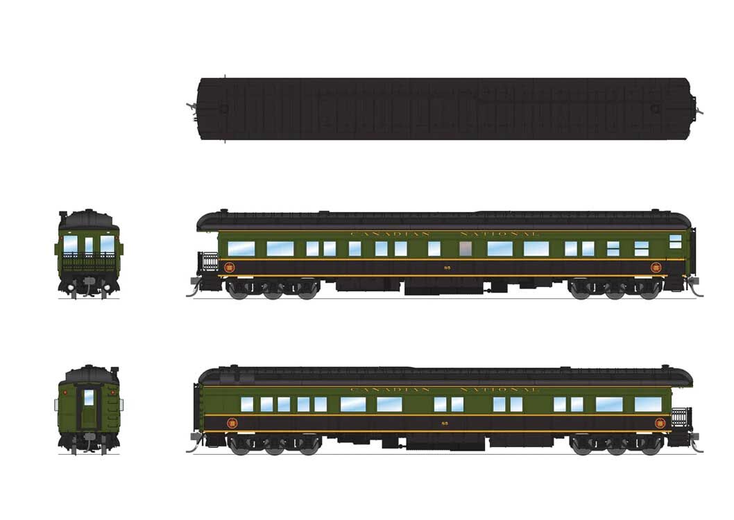 Broadway Limited Imports HO 8952 Heavyweight Business Car Observation - Canadian National #85 (1950s Scheme, green, black, yellow)