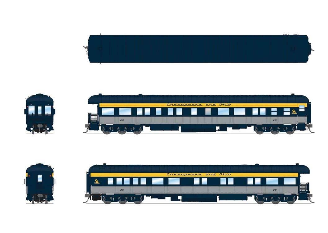 Broadway Limited Imports HO 9100 Heavyweight 5-Car Set - Combine, 3 P70 Coach, Business Car Set - Chesapeake & Ohio (blue, gray, yellow)