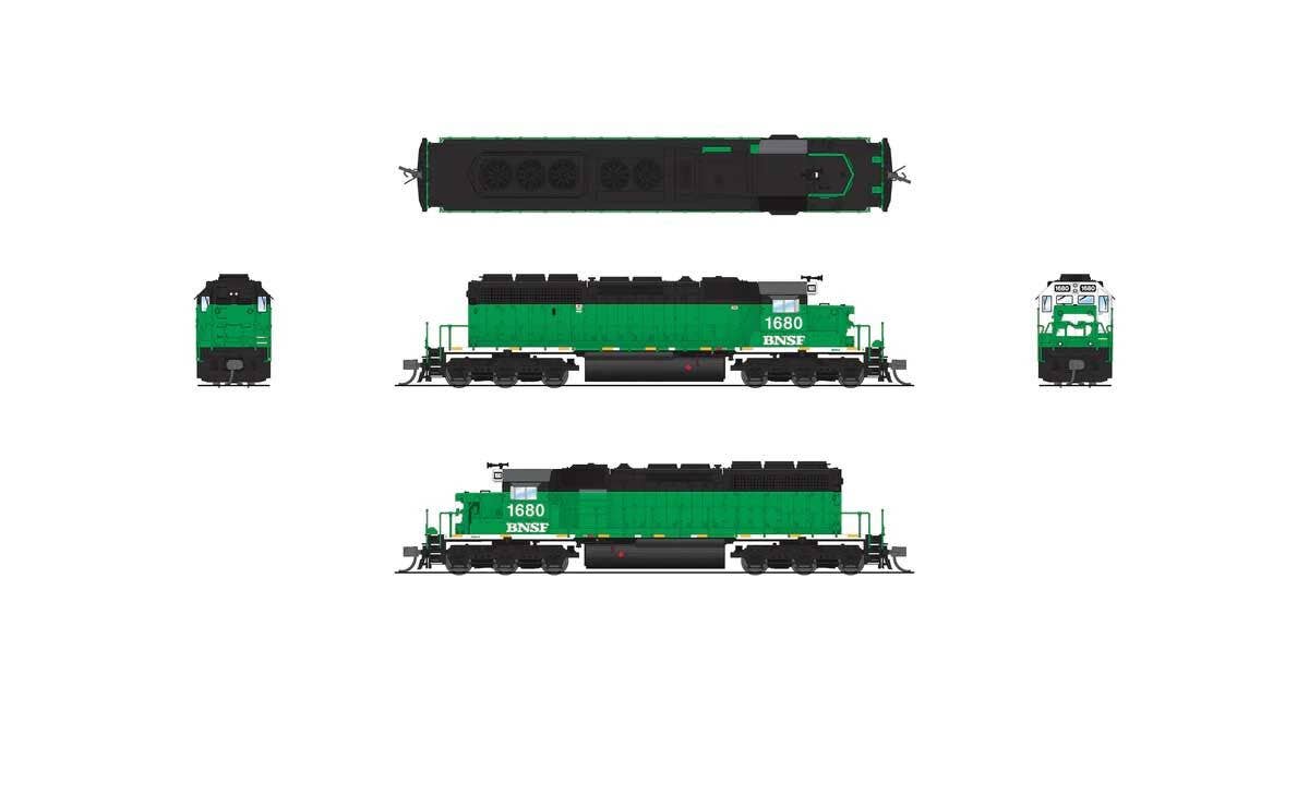 Broadway Limited Imports N 9462 EMD SD40-2 Low Nose - Sound and DCC - Paragon4 - BNSF Railway #1680 (Ex-BN Cascade Green, black, white)