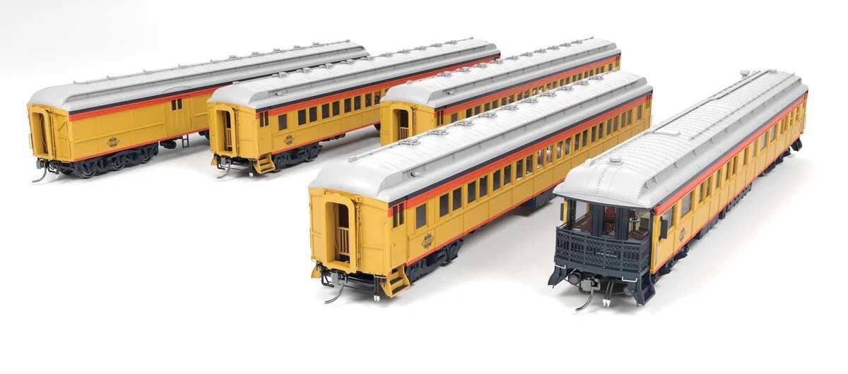 Broadway Limited Imports HO 9714 Heavyweight 5-Car Combine, 3 P70 Coach, Business Car Set - Chessie Steam Special (yellow, blue, vermillion, silver)