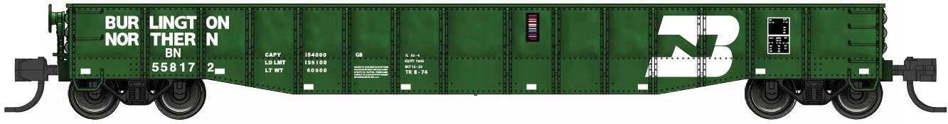 Bluford Shops N 52104 52'6" 15-Panel Mill Gondola - Medium Dented Sides - Burlington Northern #558172 (Cascade Green, white, Large Logo)