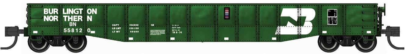Bluford Shops N 52108 52'6" 15-Panel Mill Gondola - Heavily Dented Sides - Burlington Northern #558254 (Cascade Green, white, Large Logo)