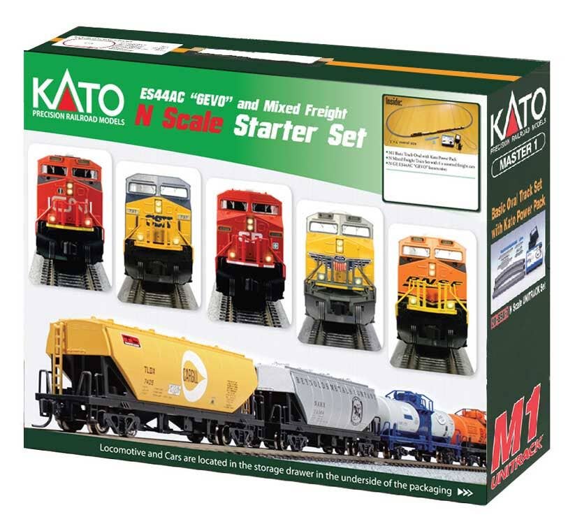 Kato N 1060024 GE ES44AC GEVO Mixed Freight Starter Set - BNSF Railway (Wedge), 6 Cars; Unitrack M1 Basic 4-1/2 x 2' Oval, Power Pack