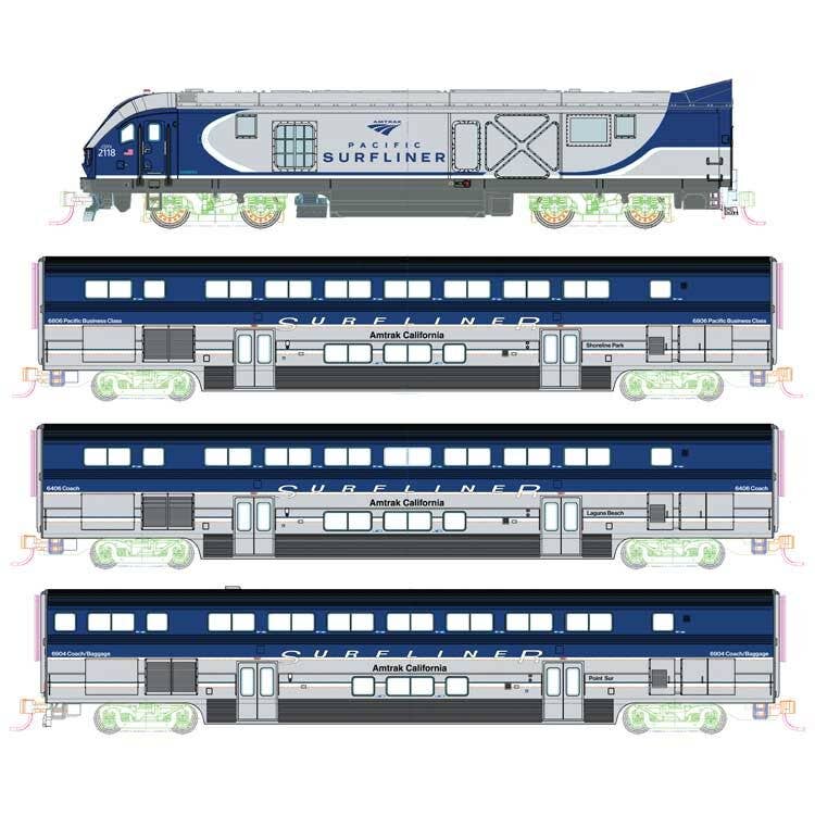 Kato N 1069001 Pacific Surfliner Base Train-Only Set - Standard DC - Amtrak SC-44 Charger, 2 Coaches, Cab Car (blue, silver)