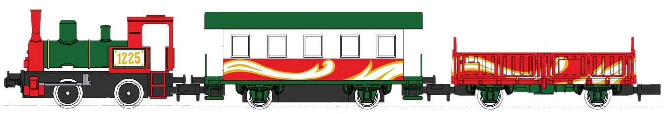 Kato N 1225 Christmas Train-Only Set - Standard DC - Pocket Line - 0-4-0T #1225, Powered Passenger Car, Gondola (Christmas Colors)