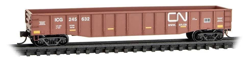 Micro Trains N 10500632 50' Steel Side 15-Panel Fixed-End Fishbelly-Side Gondola - Canadian National ICG #245632 (Boxcar Red, white, yellow conspicuity marks)