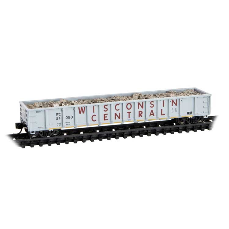 Micro Trains N 17000020 52'6" Greenville 2494 Mill Gondola - Wisconsin Central #54080 (gray, maroon, yellow conspicuity stripes)