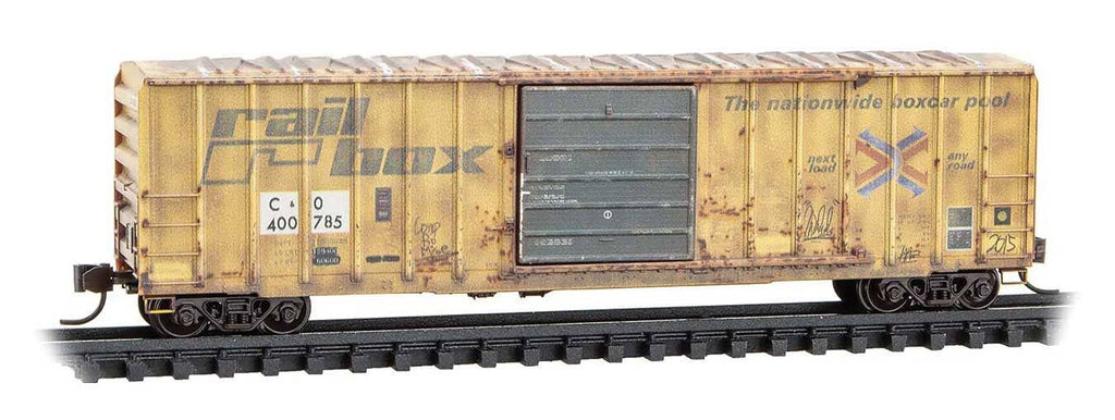 Micro Trains N 2544443 50' Rib-Side Single-Door Boxcar No Roofwalk - Chesapeake & Ohio #400785 (Weathered, Patched Ex-Railbox, yellow Series #7)